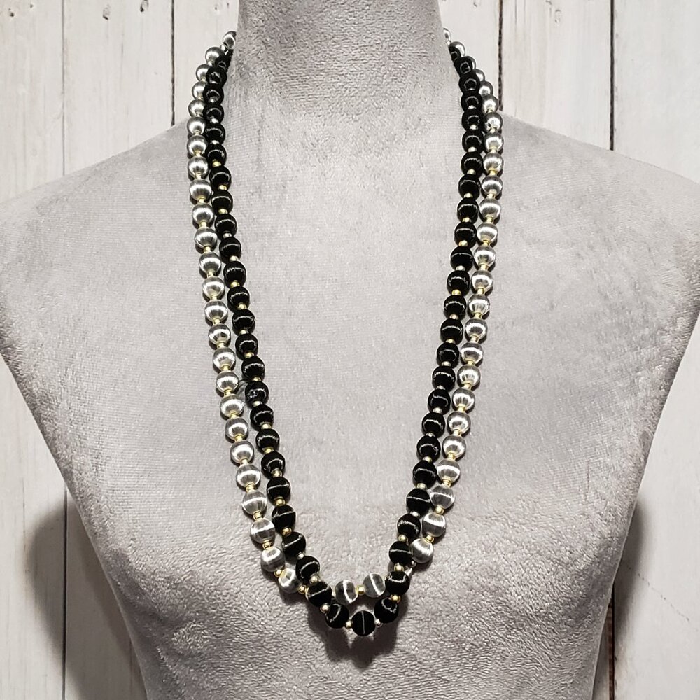 VTG Bead Necklaces Set of 2 Black Gray Silk Satin Wrapped Boho Whimsigoth Retro